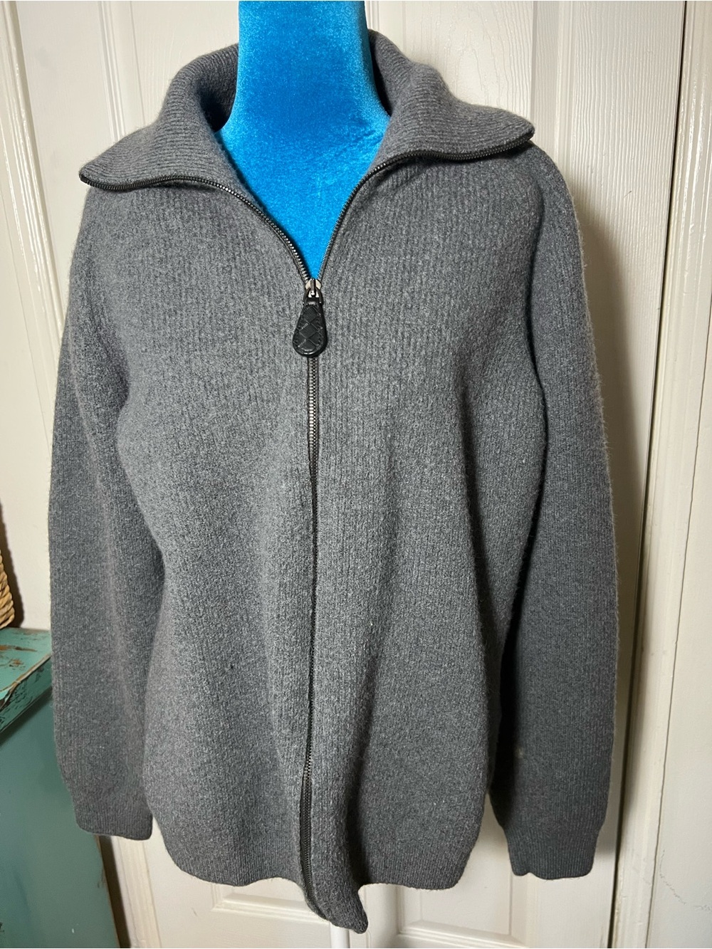 Bottega Veneta Wool Full Zip Sweater Gray Vera Pelle Detail Men’s Large 54
